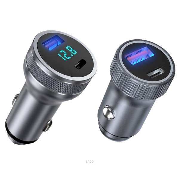 Charby Curio 2-Port 56W Car Charger Silver LED Voltage Display with USB-A and USB-C Fast Charging PD3.0 & QC4.0 for All Phones