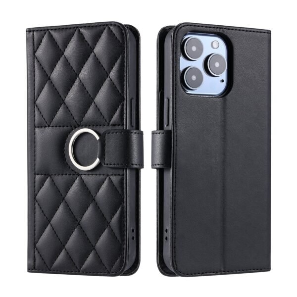 For iPhone 16 Pro Ring Buckle Rhombic Leather Phone Case